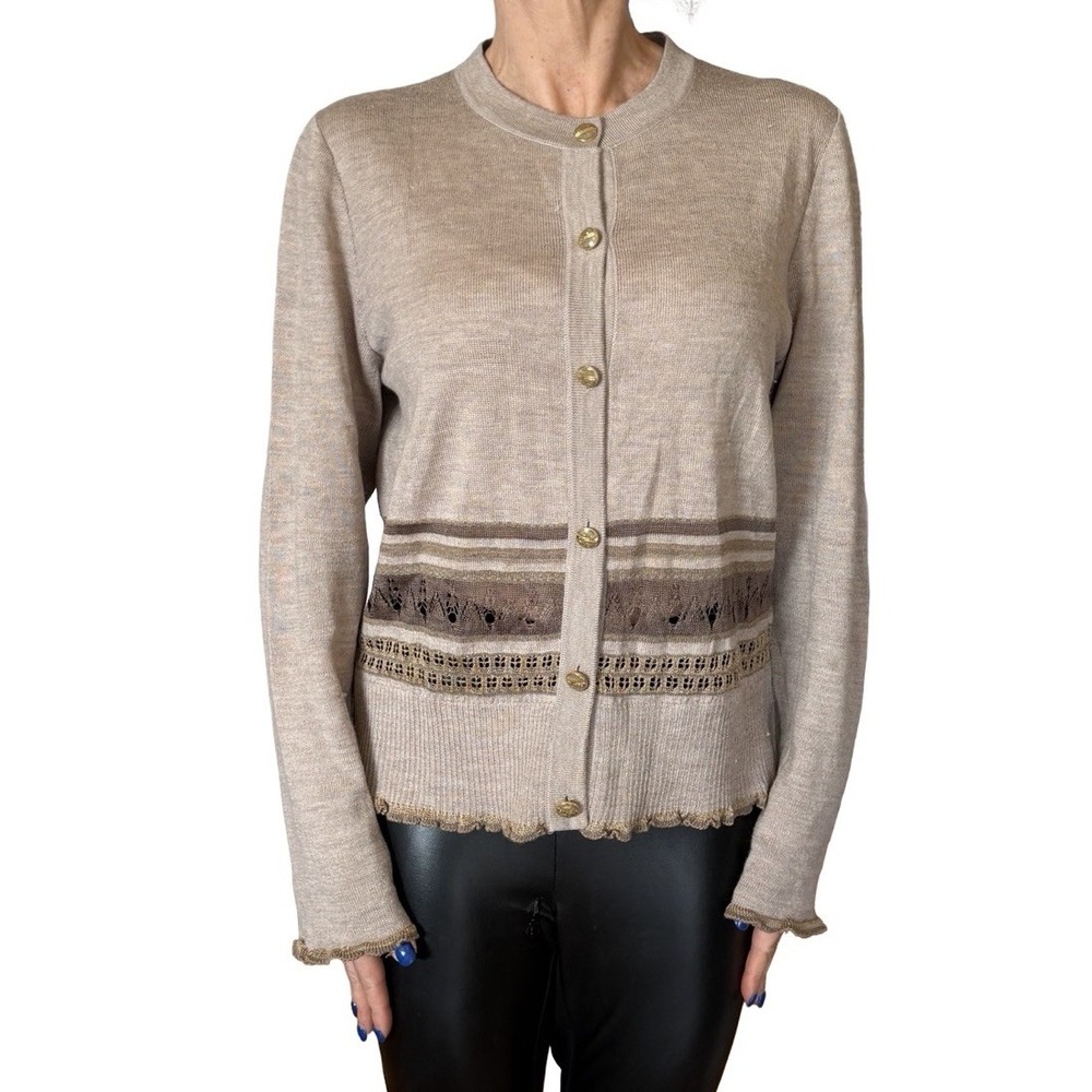 Vintage Escada Collection Knit Pointelle Taupe Cardigan Sweater‎ Logo Buttons 12